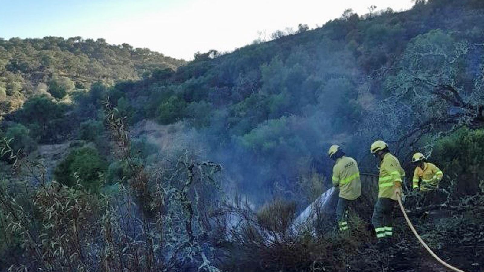 Más de 20 medios terrestres siguen trabajando en el incendio de Alosno, ya estabilizado
