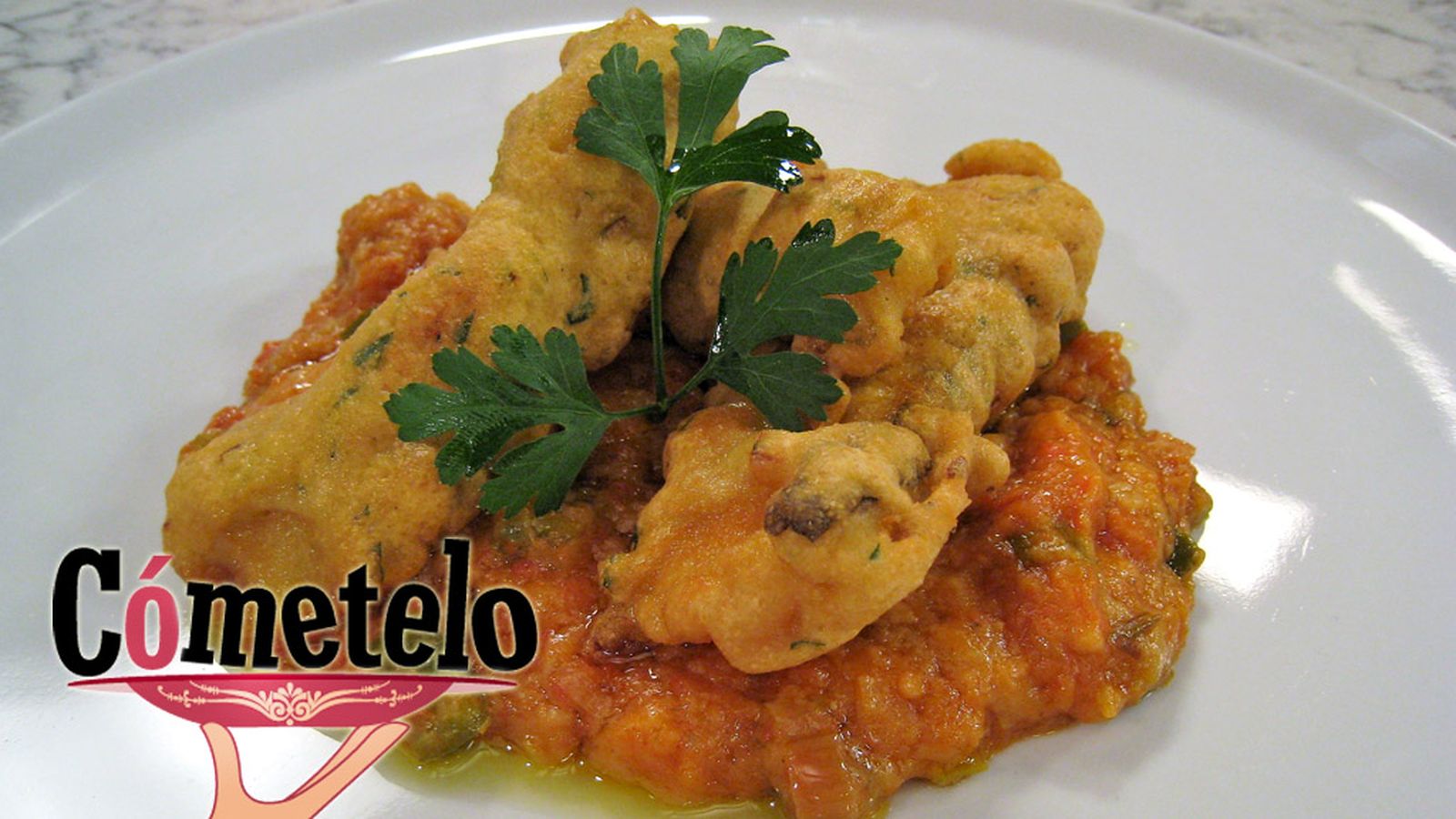 Cometelo Pavias de bacalao con camarones