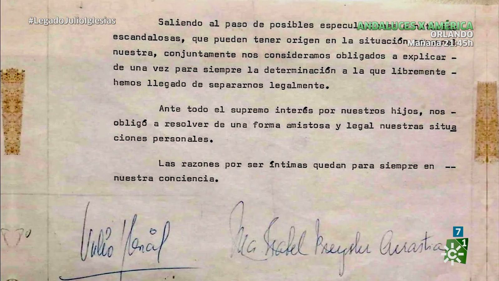 Carta de separacion de Julio Iglesias e Isabel Preysler