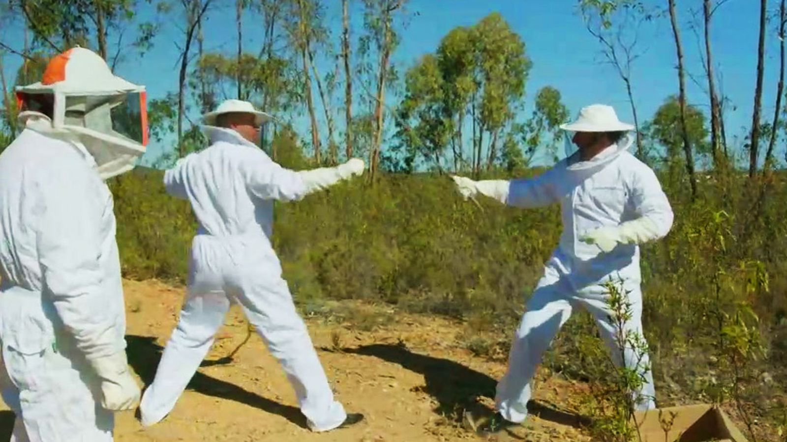 Los compadres comienza la temporada jugando a la esgrima vestidos de apicultores